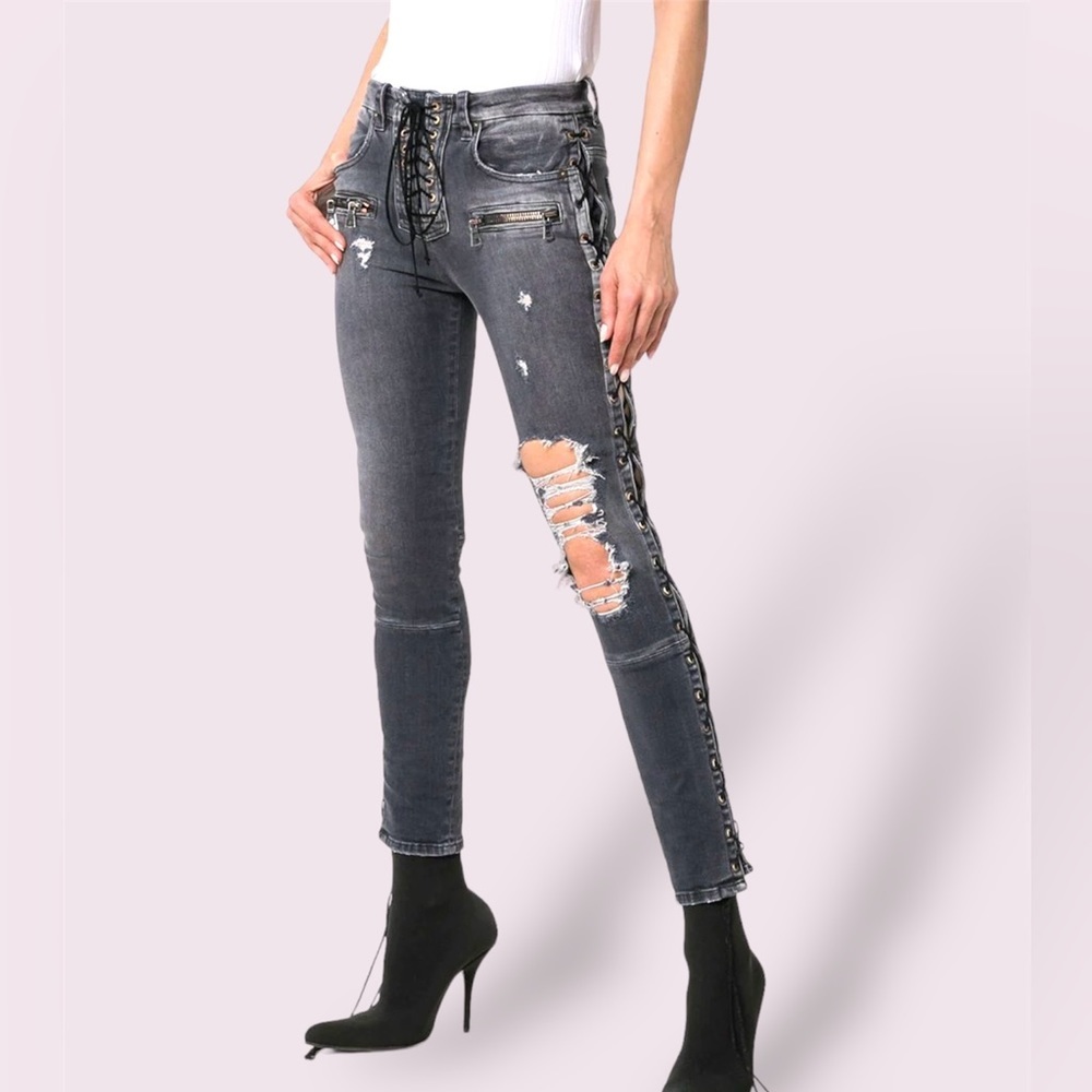 Unravel Project distressed lace up skinny jeans​